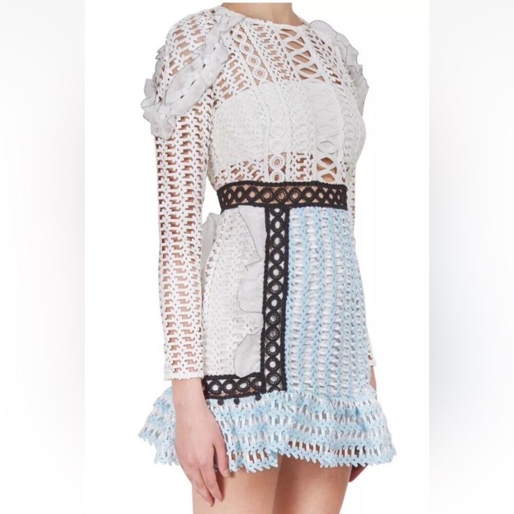 SELF-PORTRAIT White Blue Frill Shoulder Panel Lace Mini Dress US4/UK8 - Picture 4 of 12